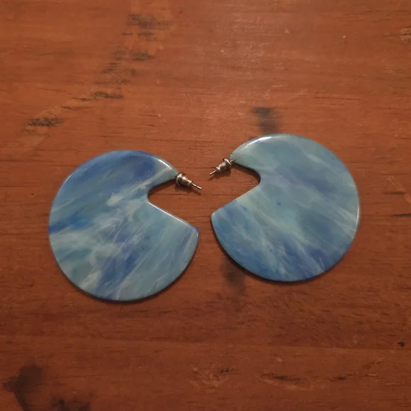 Ocean Blue Marbled Disc/Hoop Earrings - Picture 2 of 2